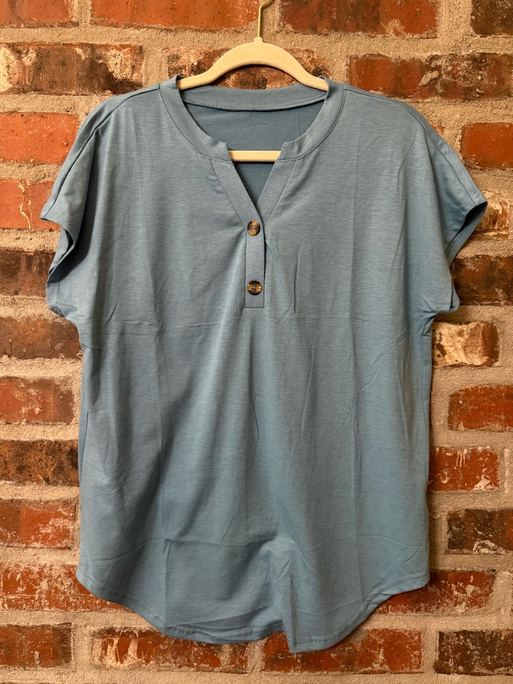 T160 -Dusty Aqua Henley Cap-Sleeve Women's Top